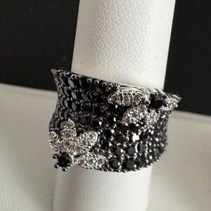 925 Silver Black Spinel Ring with Clear Diamonique CZ Floral Accents